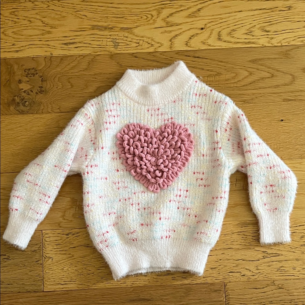 NWOT - 2T - NO LABEL - Cozy White/Yellow/Blue/Punk Sweater with Pink Heart